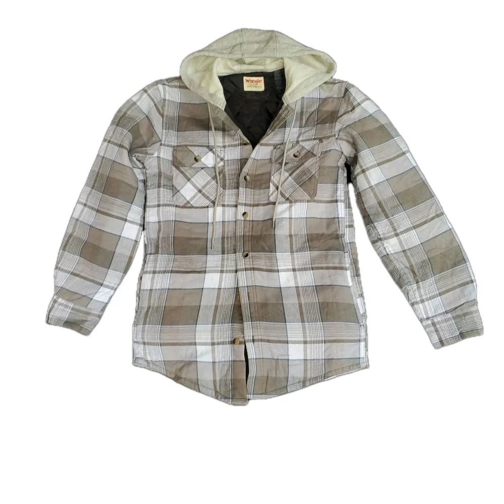 Wrangler Authentics Men's Quilted Lined Flannel Shirt Jacket Hood Plaid Sz Small